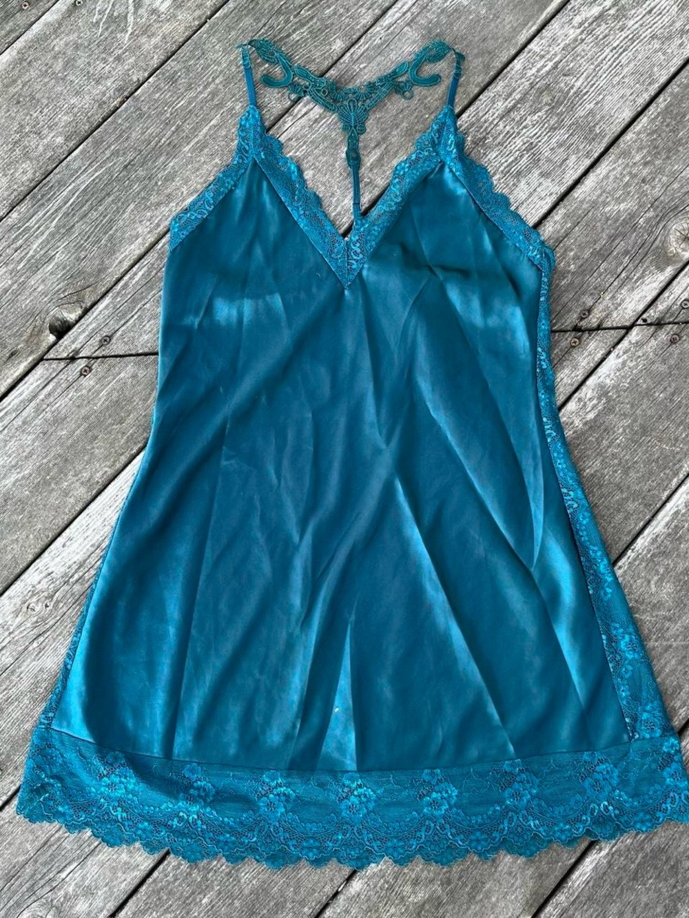 Avid Love teal lace trim silky lingerie slip dress